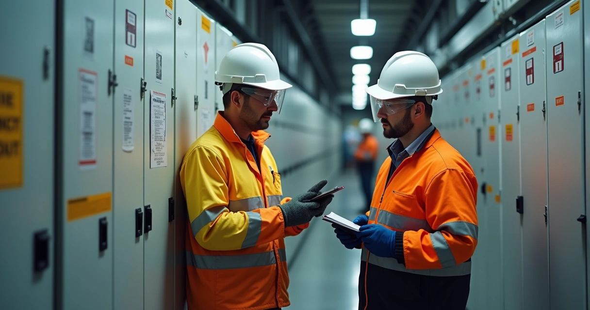 Equipe inspecionando instalação elétrica com EPI e sinalização na indústria 
