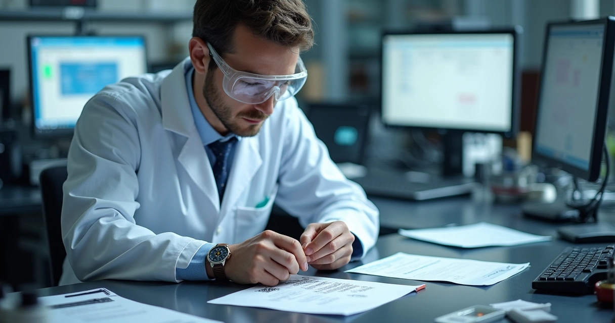 Técnico inspecionando componentes de eletrônicos em laboratório