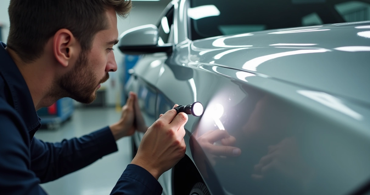 Pessoa analisando a lataria de um carro sob luz forte 