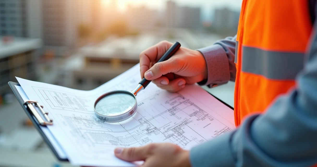 Engenheiro realizando inspeção com lupa e prancheta 