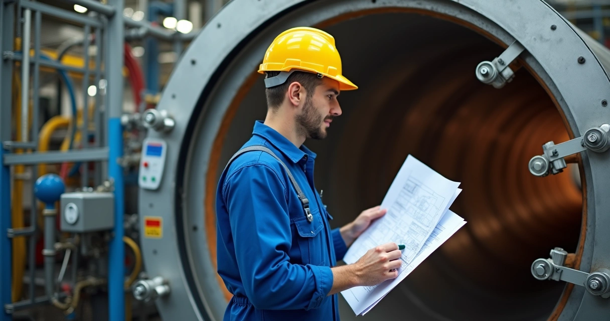 Técnico examinando caldeira industrial durante inspeção 