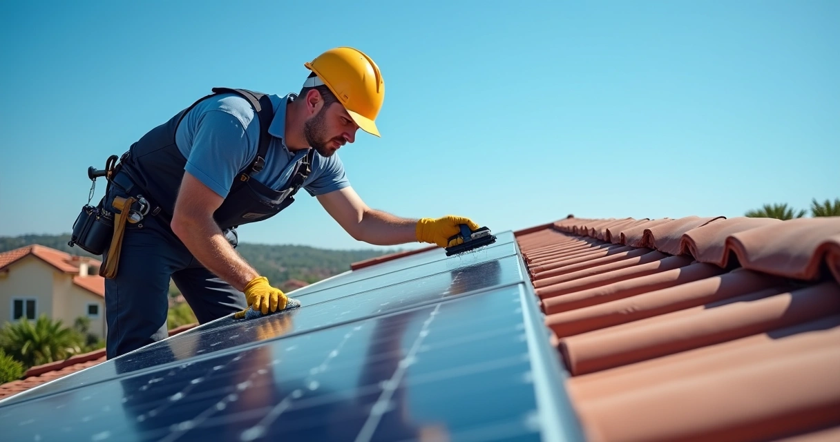 Técnico inspecionando painéis solares em telhado residencial 
