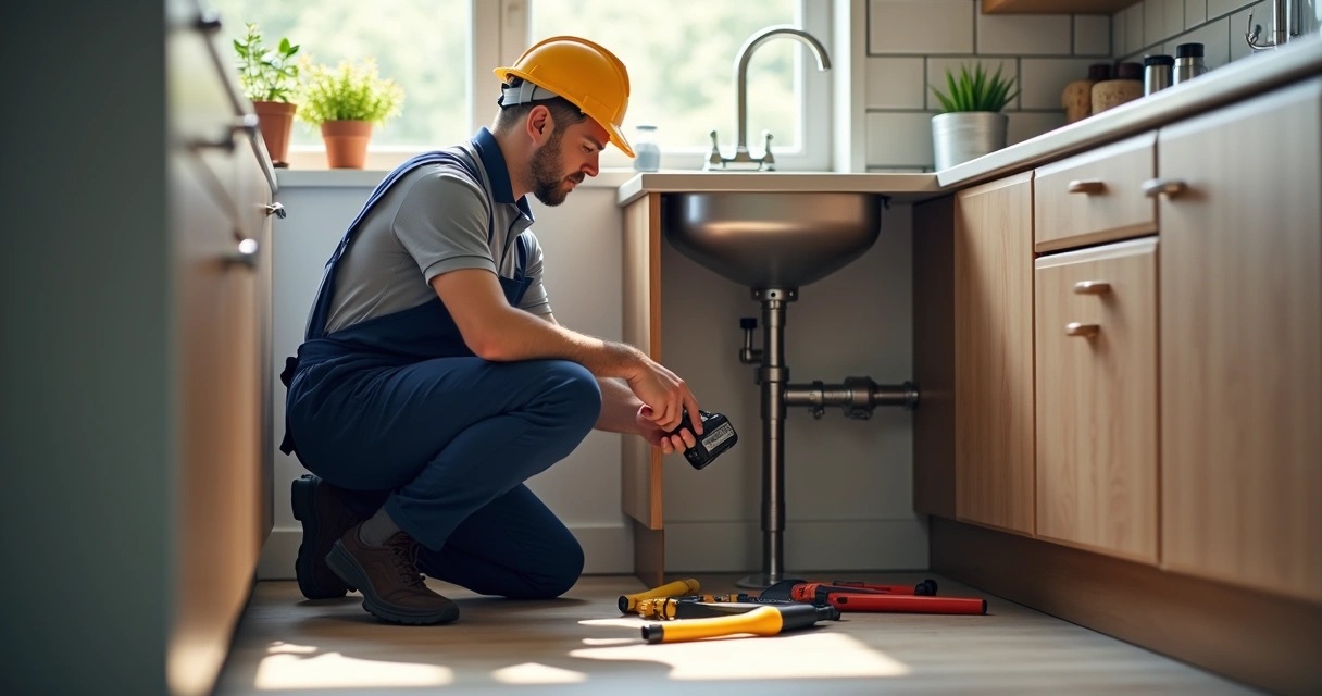 Técnico inspecionando sistema hidráulico em imóvel residencial