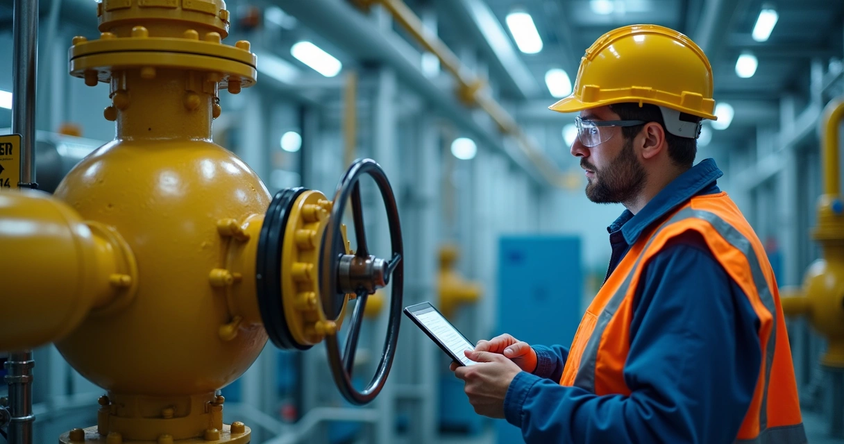 Técnico inspecionando válvula de pressão em indústria 