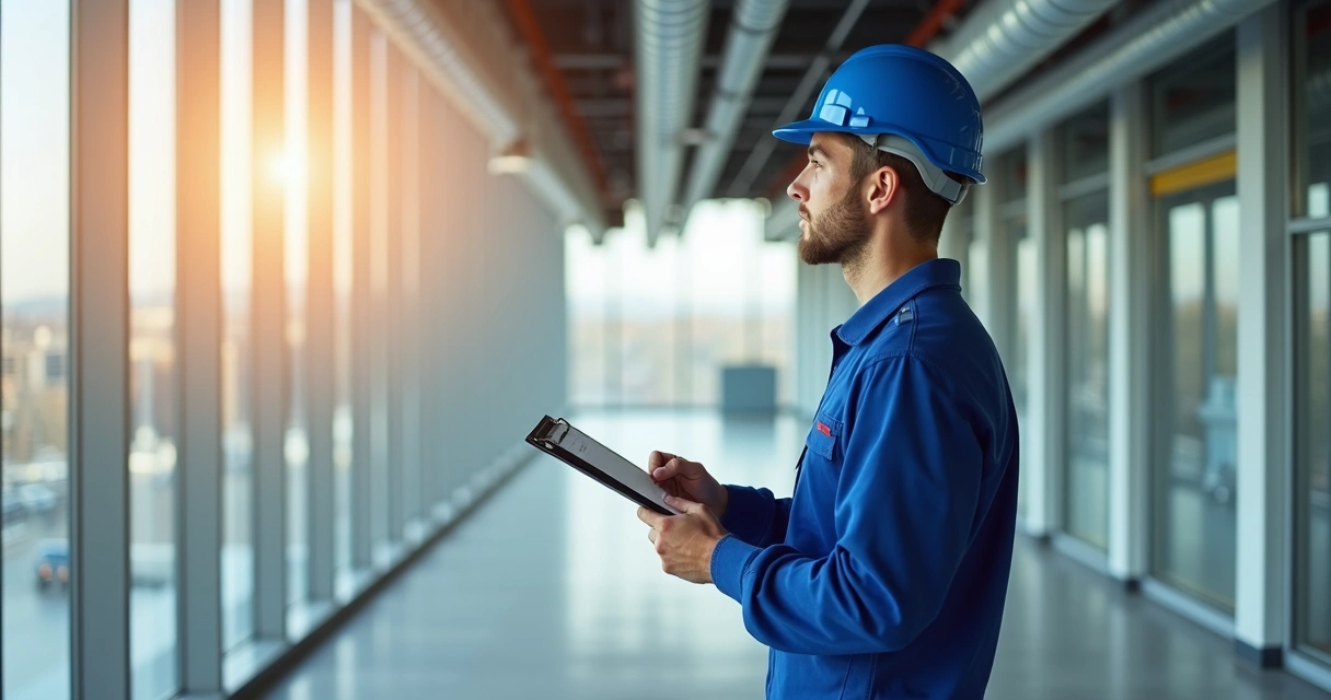 Técnico inspecionando instalações de um prédio 