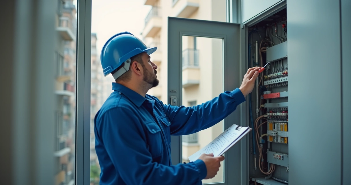 Engenheiro inspecionando quadro elétrico em edifício residencial 