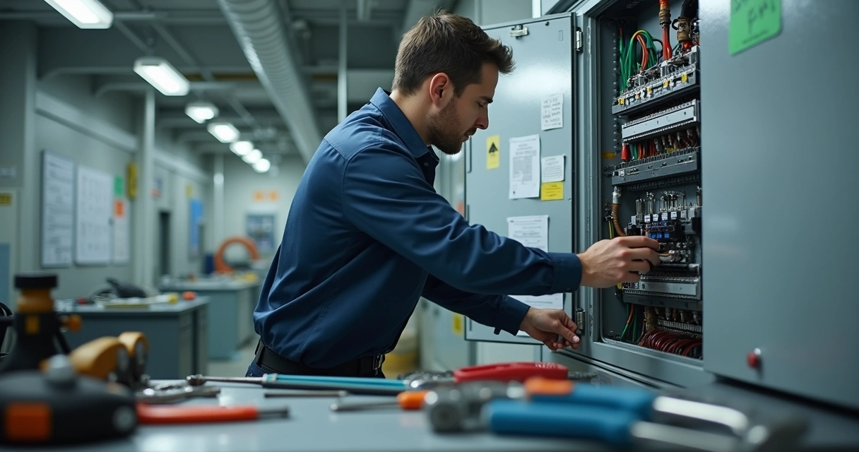Profissional inspecionando quadro elétrico em edifício 