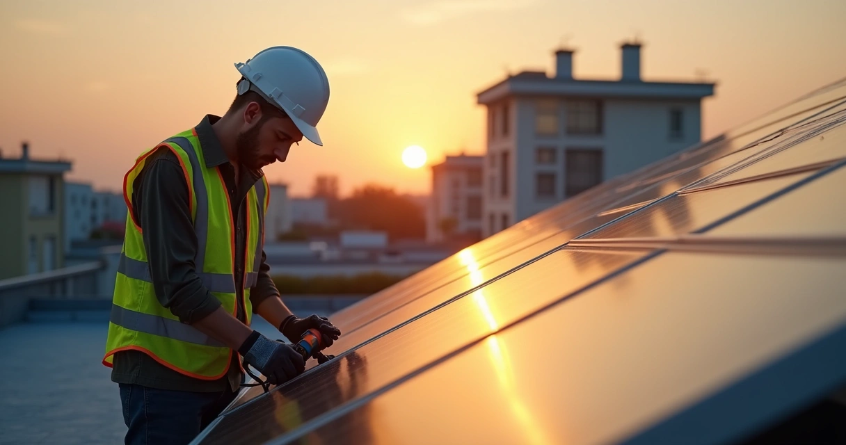 Técnico inspecionando instalações solares em telhado 