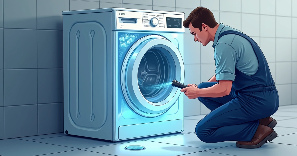 Técnico observa máquina de lavar em funcionamento 