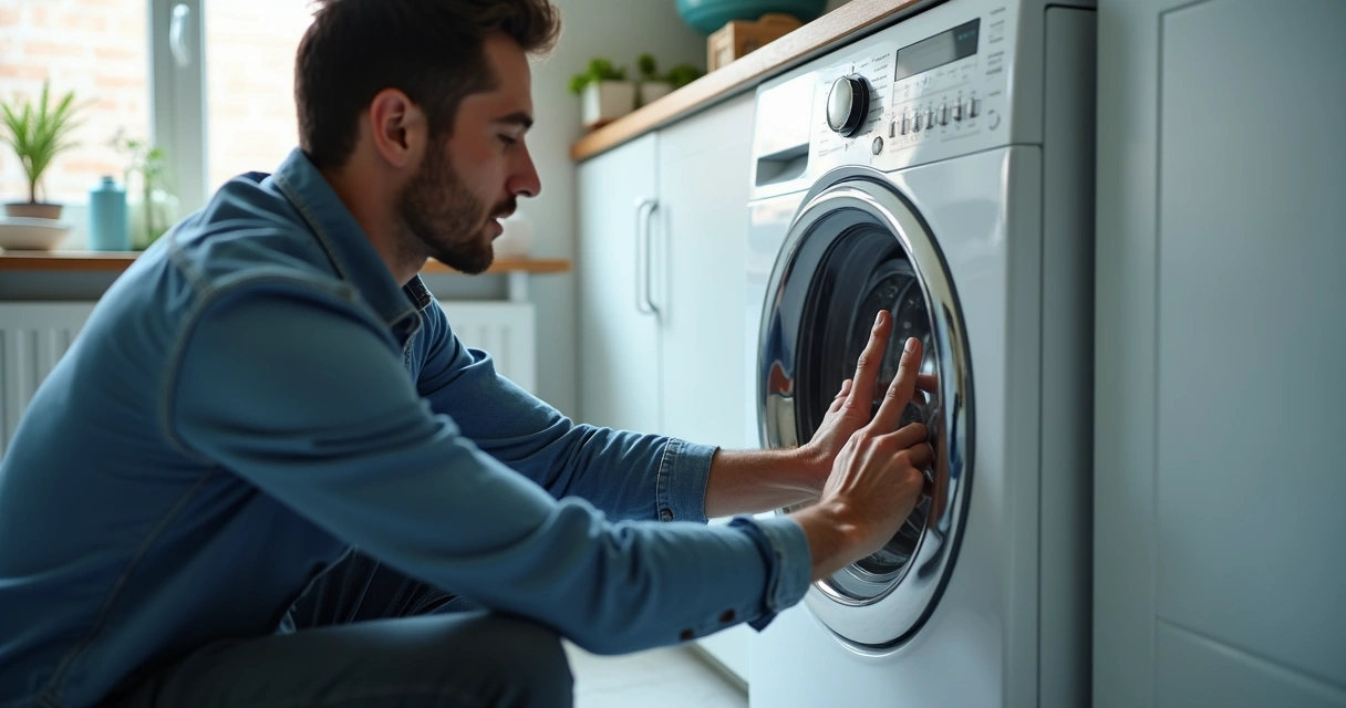 Pessoa inspecionando o painel de uma máquina de lavar roupa 