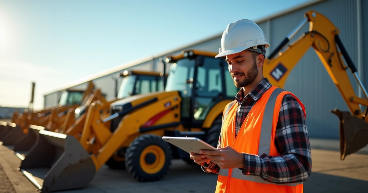 Equipe faz inspeção digital em máquina amarela locadora