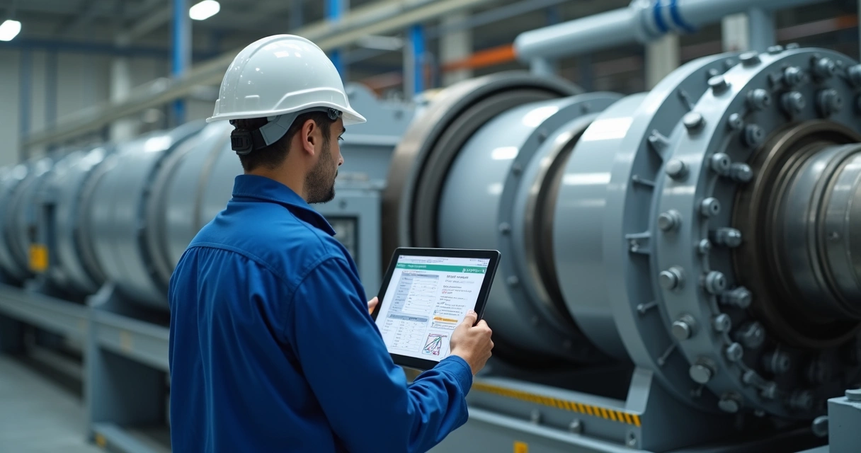 Técnico inspecionando maquinário industrial com tablet nas mãos