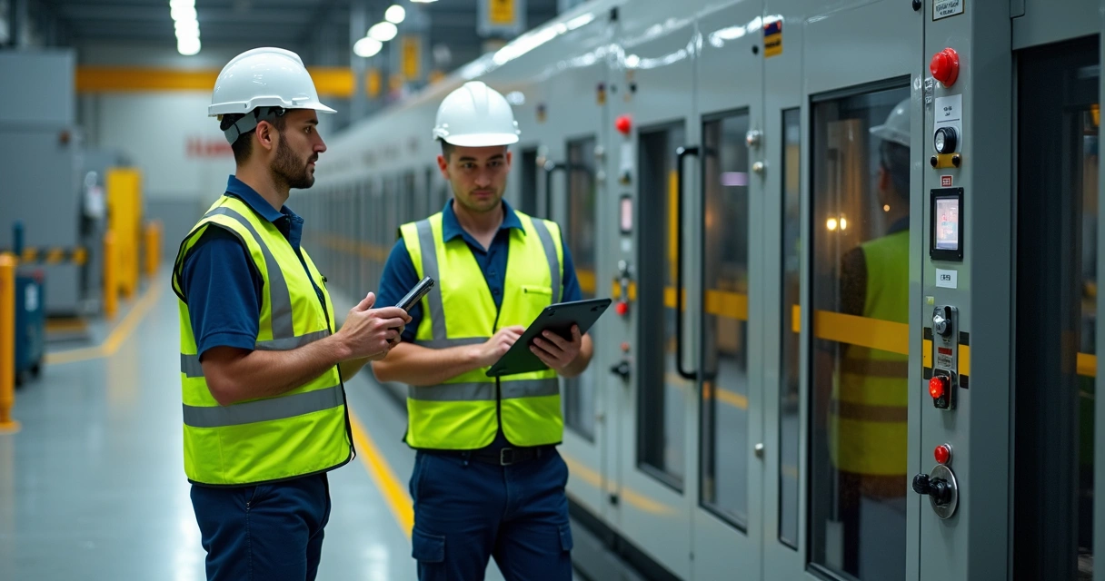 Equipe fazendo inspeção de máquina industrial 
