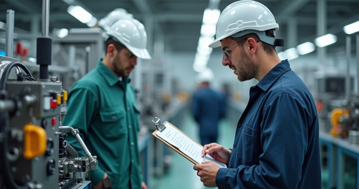 Engenheiro faz inspeção em máquina industrial, prancheta nas mãos 