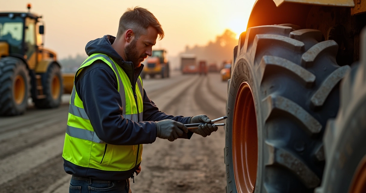 Mecânico inspecionando roda de trator em canteiro de obras 