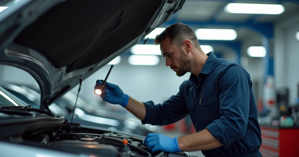 Mecânico com lanterna inspeciona motor de carro 