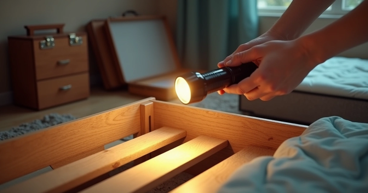 Percevejos de cama: como identificar, tratar e prevenir infestações em 2026 2 Pessoa inspecionando móvel usado com lanterna