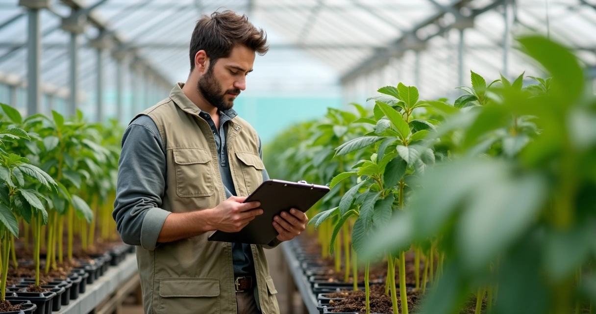 Engenheiro agrônomo inspecionando mudas em viveiro 