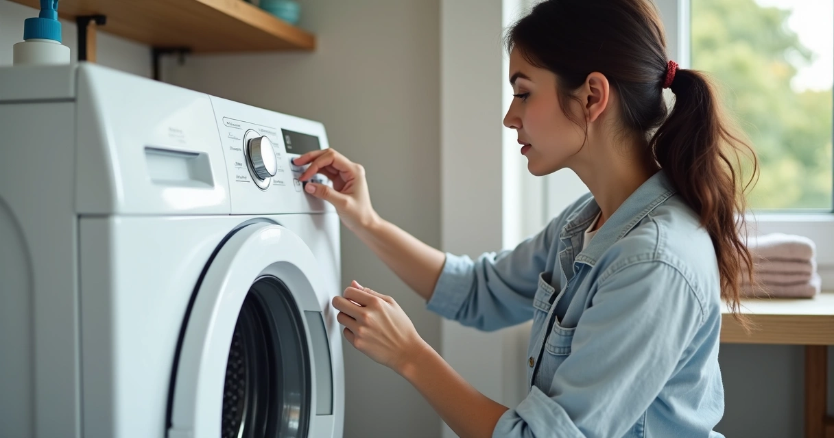 Mulher inspecionando painel de lavadora em casa 