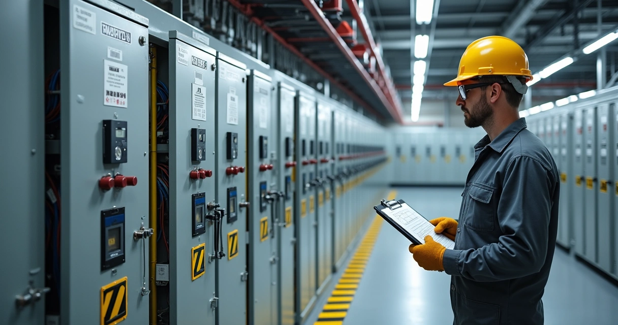 Engenheiro inspecionando painel de média tensão com EPI completo em subestação industrial 