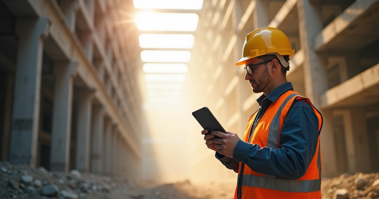 Engenheiro faz inspeção com tablet em obra civil 