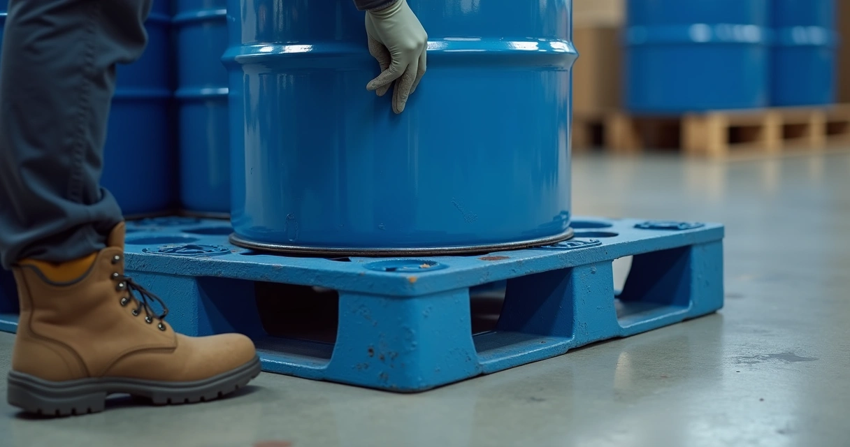 Inspeção de pallet plástico com tambor químico