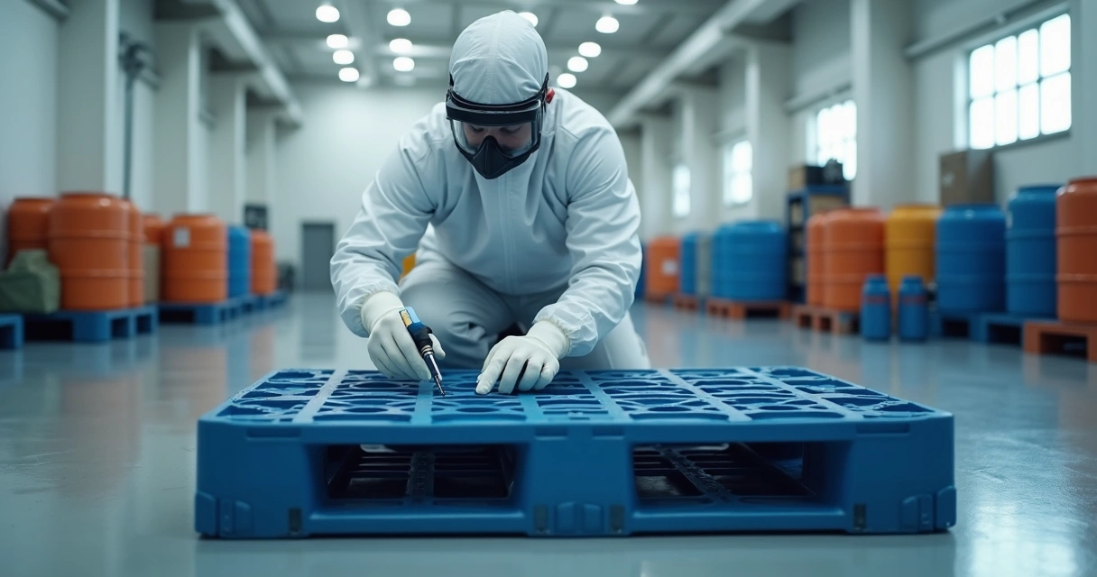 Profissional inspecionando pallet de contenção plástica em chão industrial