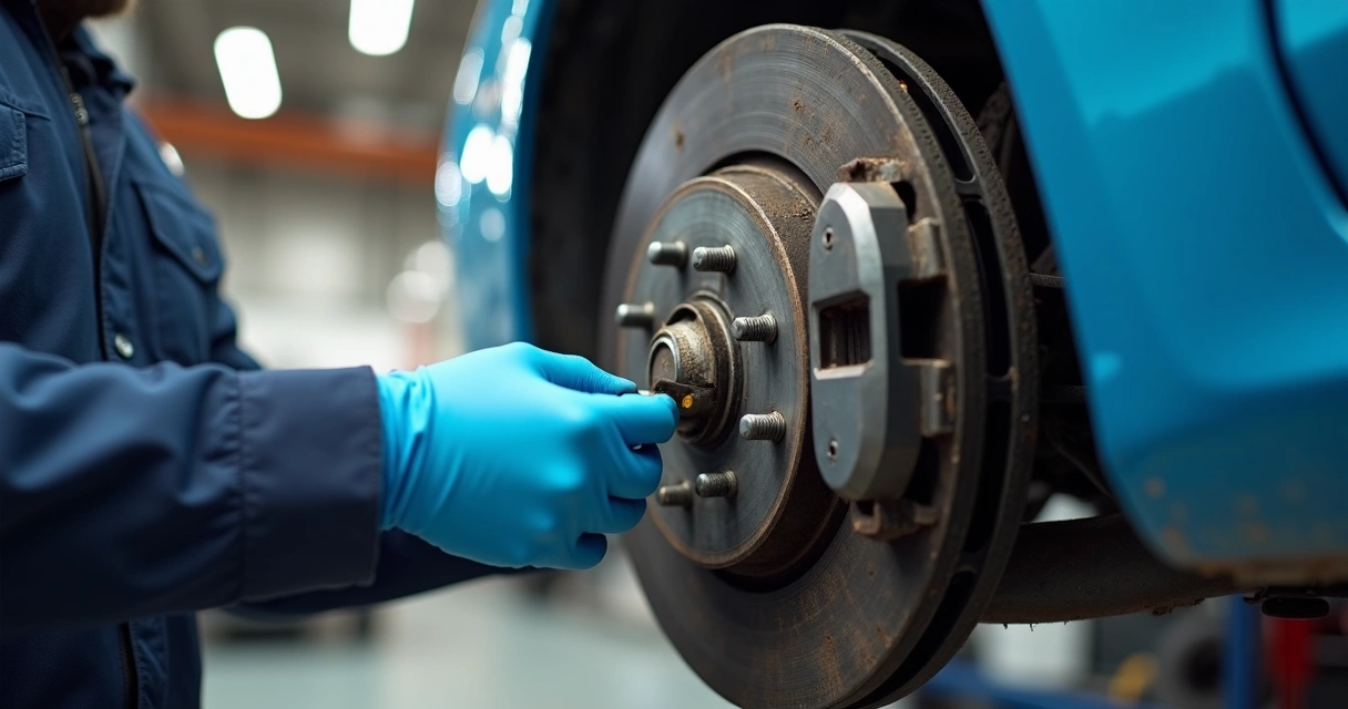 Mecânico inspecionando pastilhas de freio em carro numa oficina