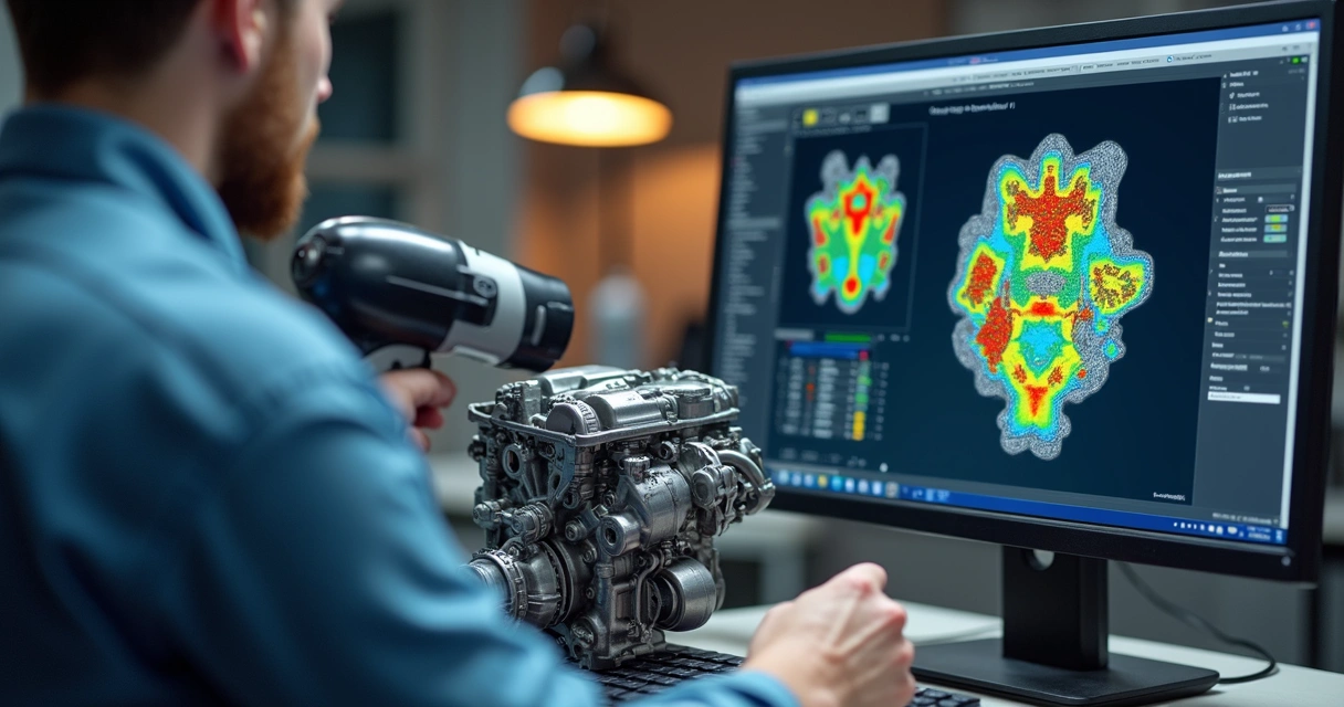 Inspeção de peça automotiva com scanner 3D sem contato