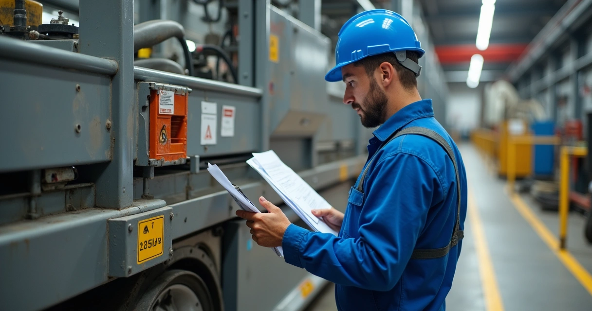 Técnico inspecionando plataforma elevatória de trabalho