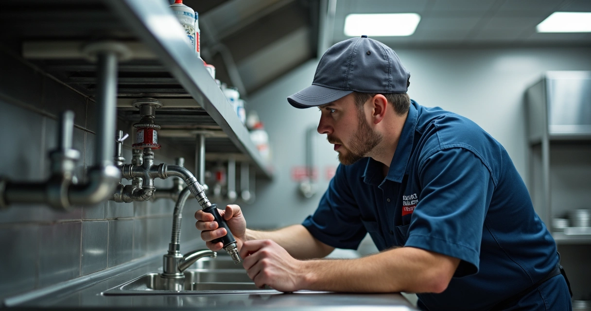 Técnico inspeciona canalização sob pia de cozinha de restaurante