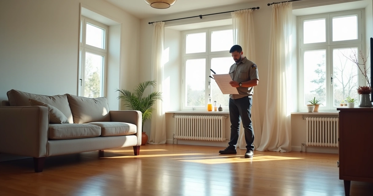 Ambiente residencial limpo sendo inspecionado após dedetização. 