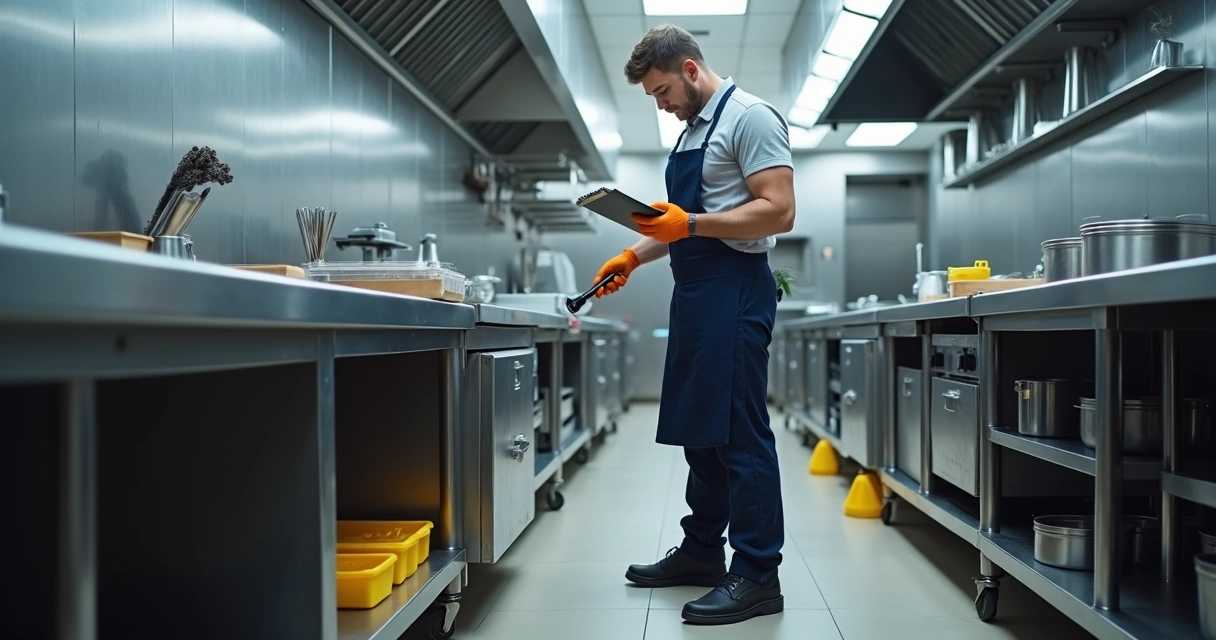 Técnico a inspecionar armário de cozinha de restaurante para controlo de pragas 