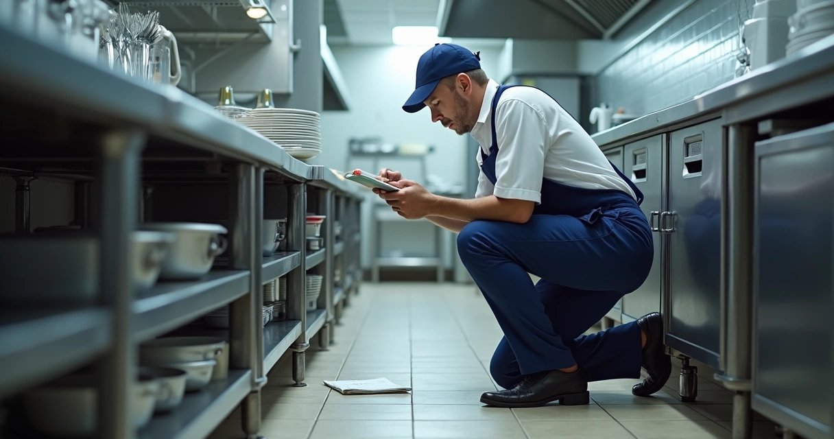 Técnico inspeciona cozinha de restaurante à procura de pragas 