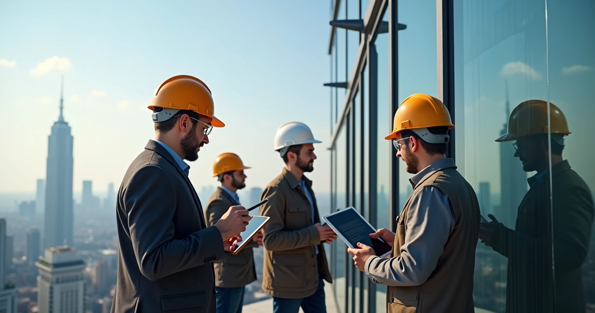 Equipe de engenheiros inspecionando fachada de prédio comercial 