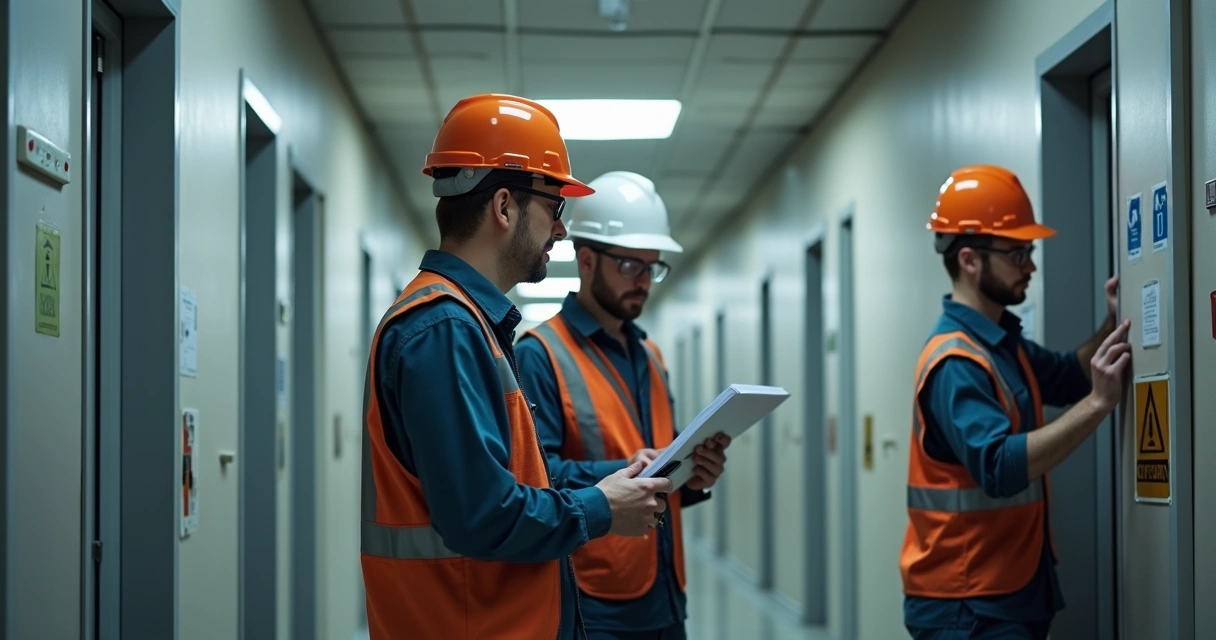 Equipe de engenheiros inspecionando edifício residencial durante vistoria 