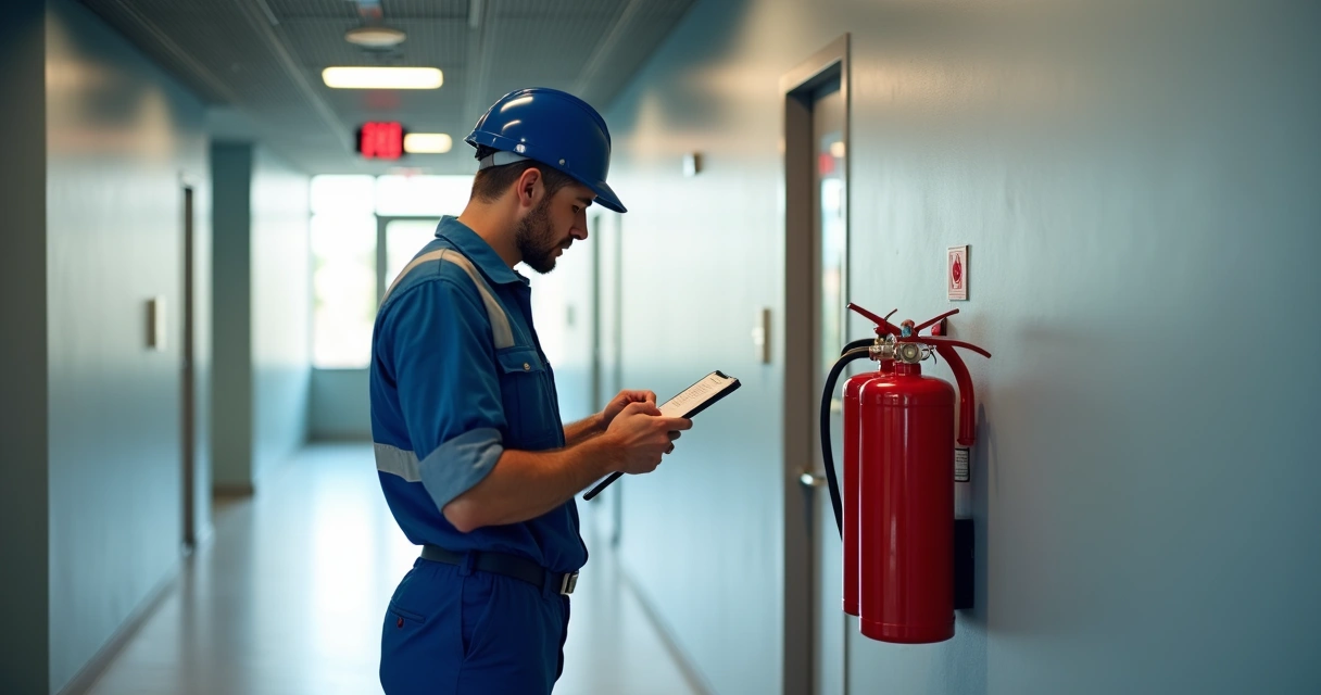 Certificado de Manutenção de Segurança - Técnico inspecionando extintor de incêndio em prédio comercial 