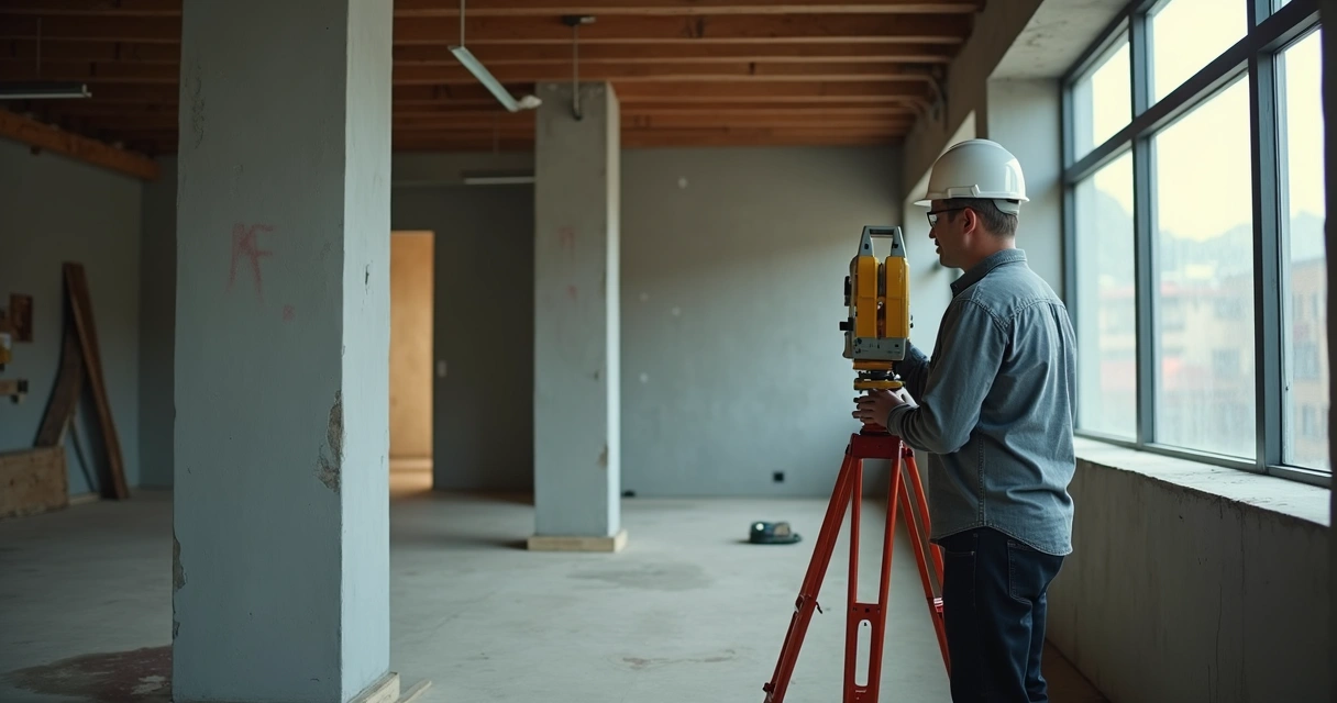 Inspeção predial com engenheiro utilizando equipamentos de topografia 