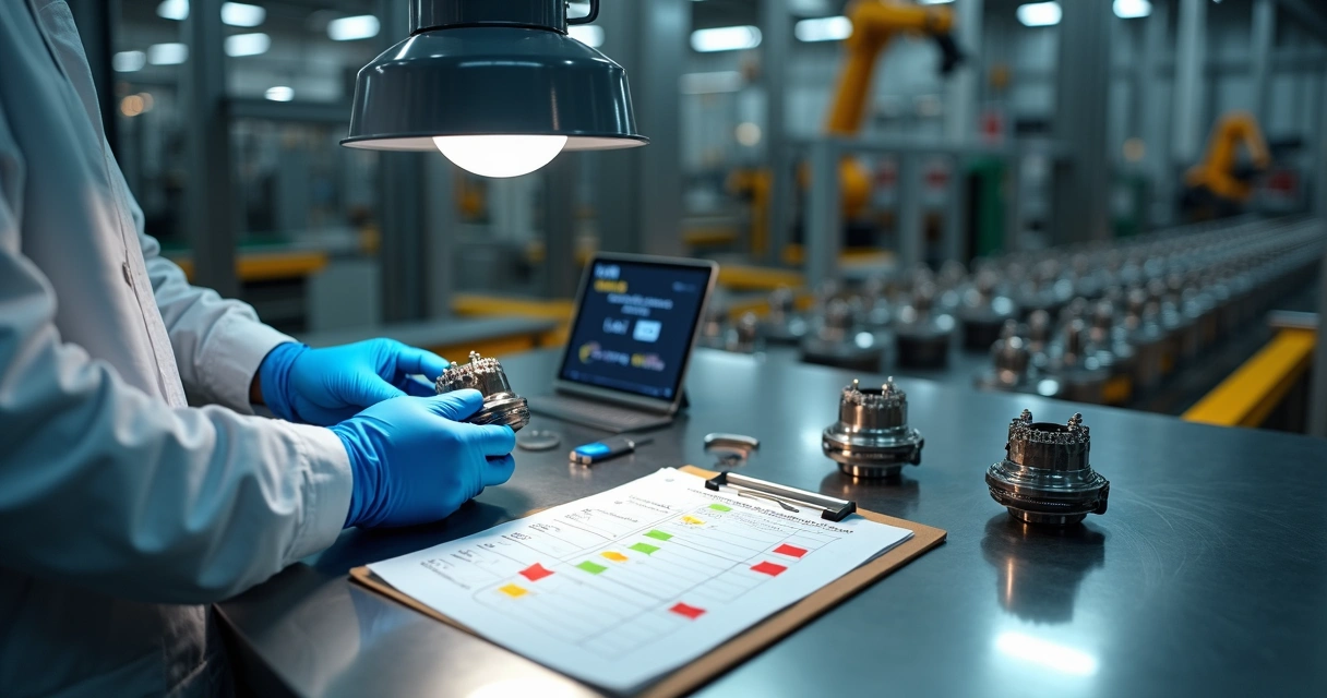 Inspetor verificando produto defeituoso em linha de produção industrial 