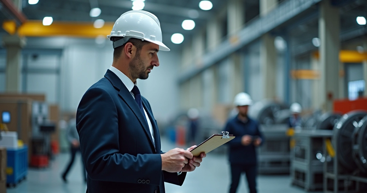 Gestor industrial inspecionando produto com checklist, fábrica ao fundo