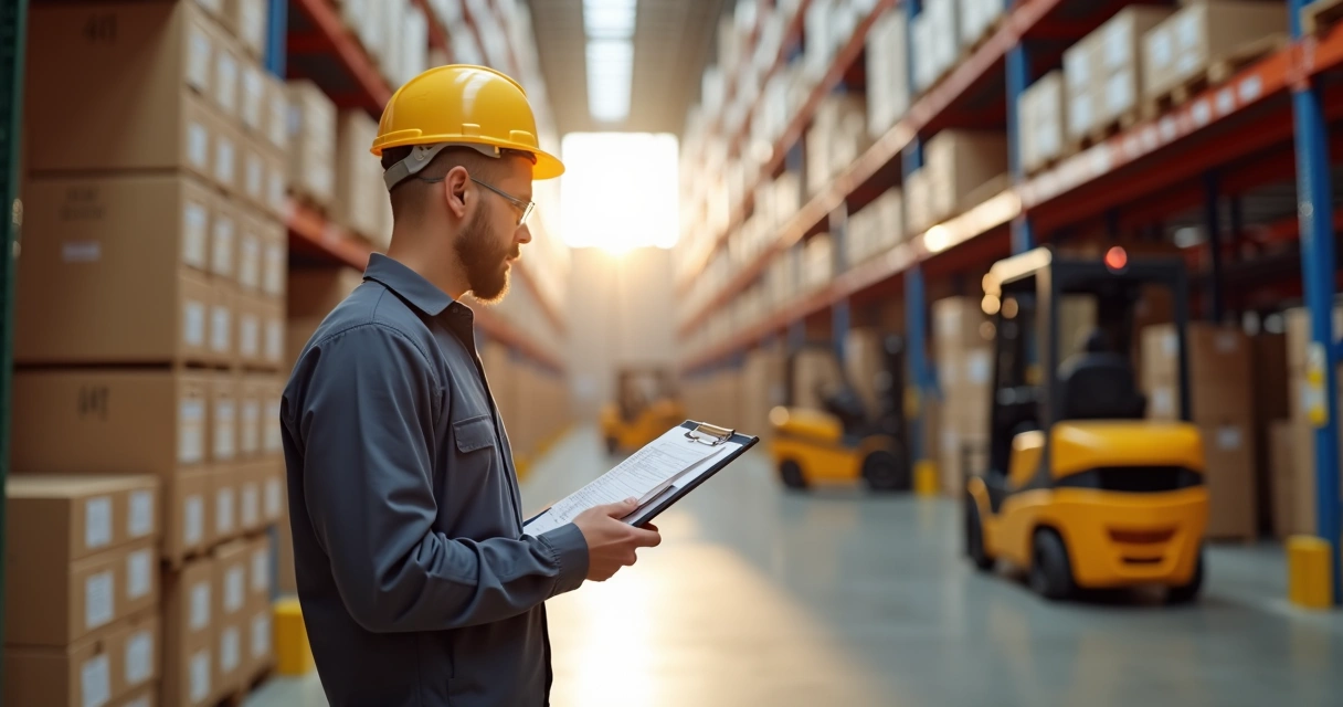 Profissional inspecionando caixas de produtos em armazém 