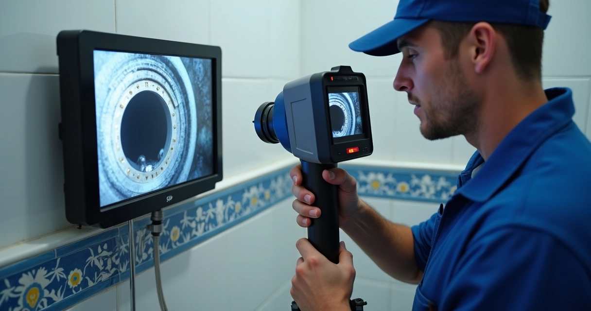 Técnico realiza inspeção de esgoto com câmara numa casa de banho 