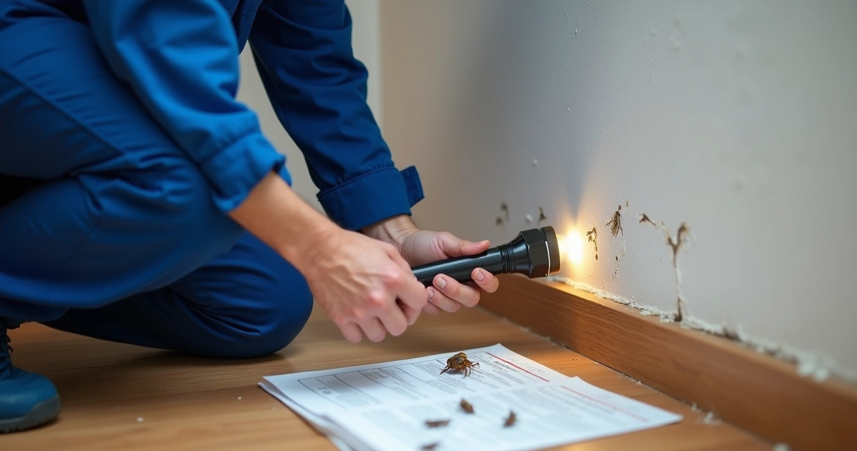 Técnico com uniforme azul inspecionando parede em busca de cupins 