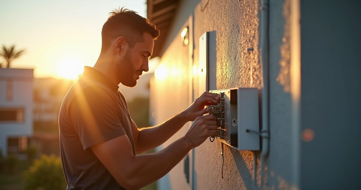 Mão inspeciona conexão em painel solar instalado em telhado residencial 