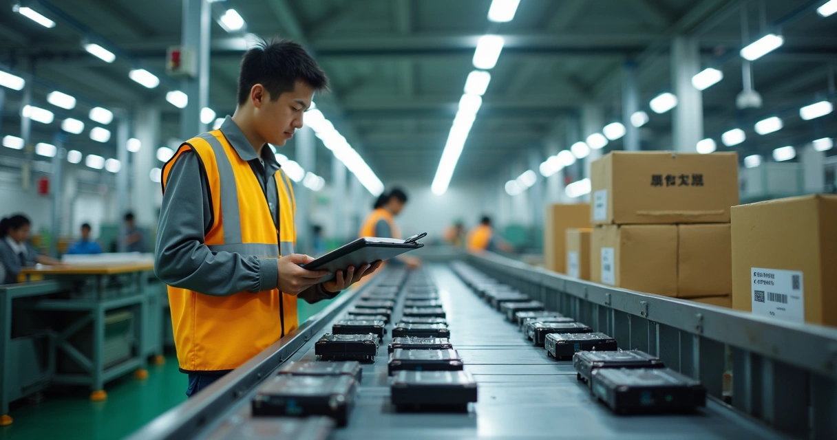 Técnico inspecionando produtos em fábrica chinesa 