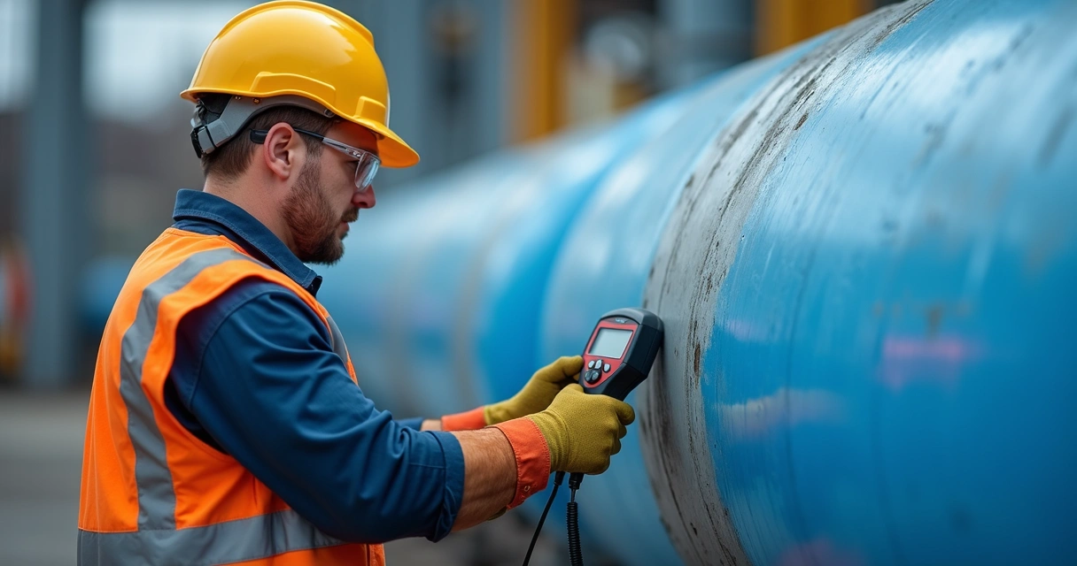 Técnico inspecionando revestimento em tubulação metálica