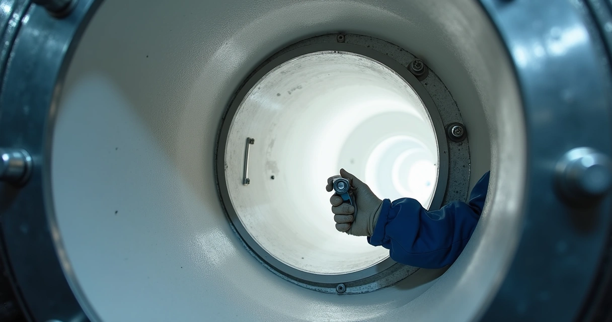 Inspeção interna de revestimento PFA em vaso industrial 