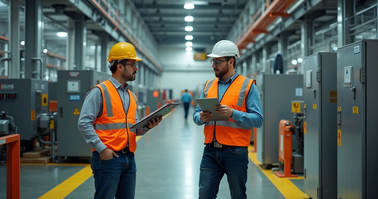 Inspeção de riscos em área industrial com equipe técnica