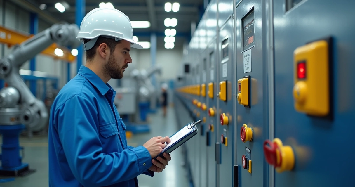 Engenheiro inspecionando sistema de segurança em ambiente industrial 