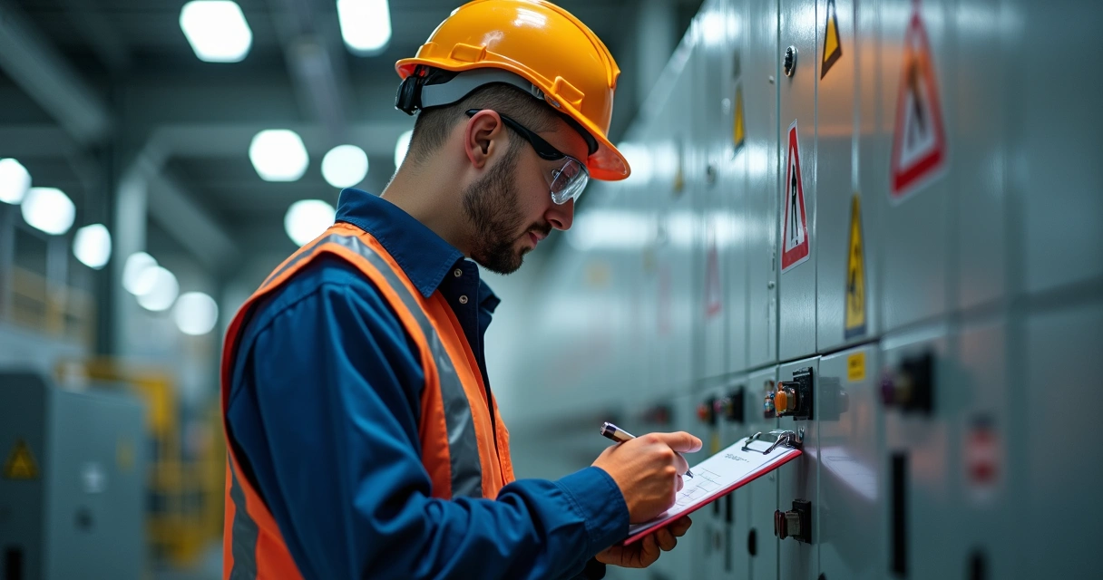 Técnico inspecionando painel elétrico com checklist em ambiente industrial 